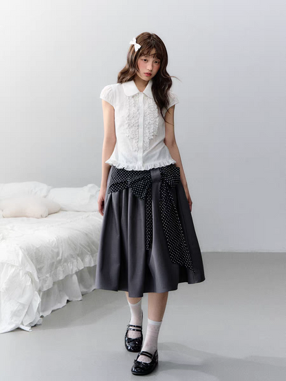 Narratorgirls. Original Design Polka Dot Bow Puffy Midi Skirt