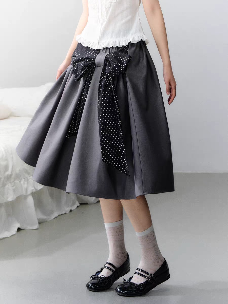 Narratorgirls. Original Design Polka Dot Bow Puffy Midi Skirt
