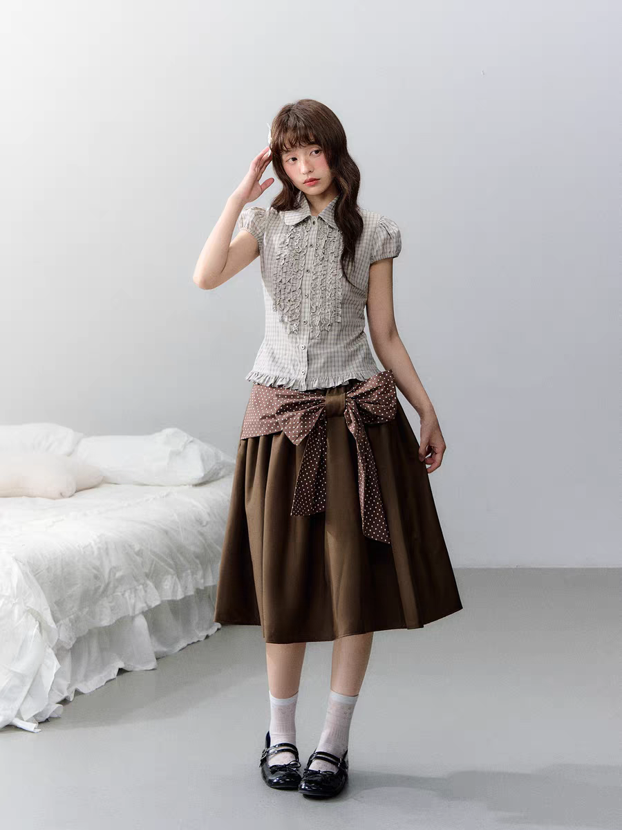 Narratorgirls. Original Design Polka Dot Bow Puffy Midi Skirt