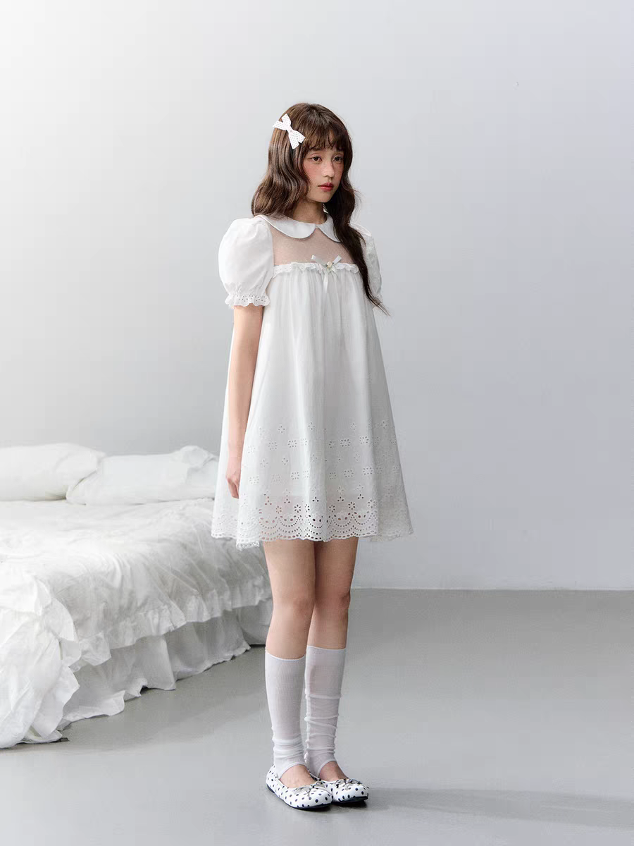Narratorgirls. Original Design White Cutout Embroidered Floral Mesh Dress