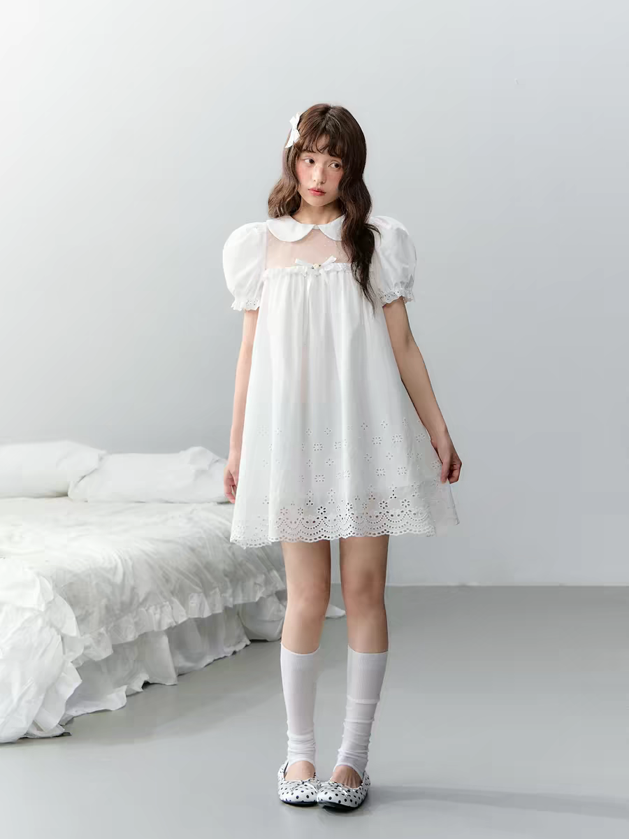 Narratorgirls. Original Design White Cutout Embroidered Floral Mesh Dress