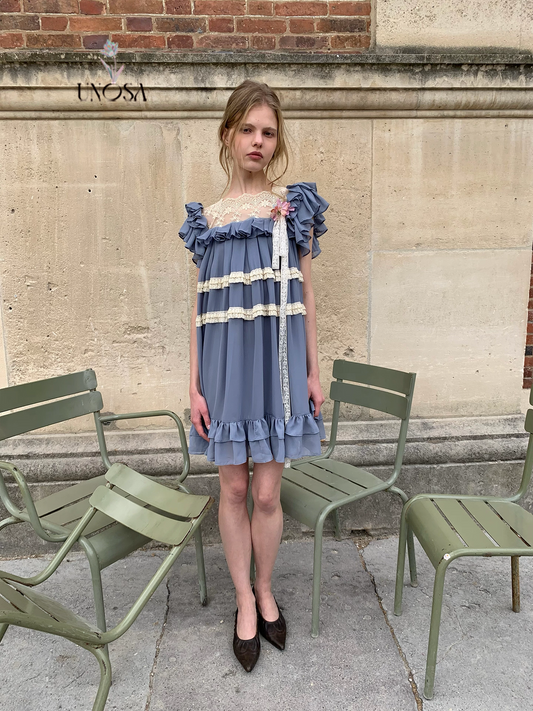 UNOSA. Original Design Chiffon Patchwork Lace Ruched Ruffle Dress