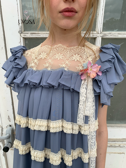 UNOSA. Original Design Chiffon Patchwork Lace Ruched Ruffle Dress