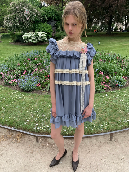 UNOSA. Original Design Chiffon Patchwork Lace Ruched Ruffle Dress