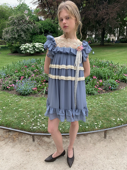 UNOSA. Original Design Chiffon Patchwork Lace Ruched Ruffle Dress