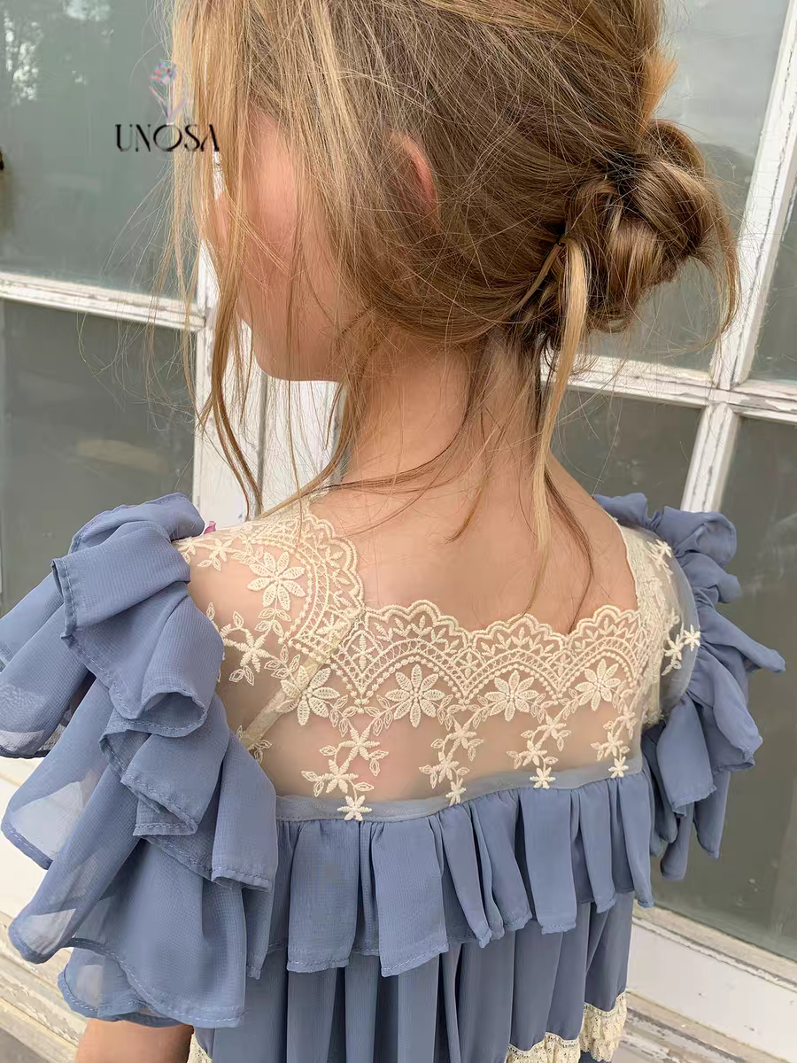 UNOSA. Original Design Chiffon Patchwork Lace Ruched Ruffle Dress