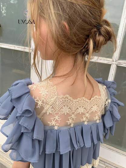 UNOSA. Original Design Chiffon Patchwork Lace Ruched Ruffle Dress