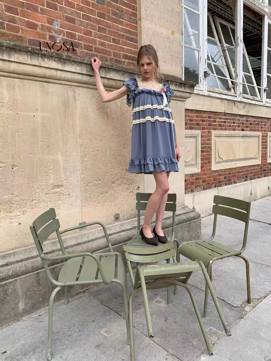 UNOSA. Original Design Chiffon Patchwork Lace Ruched Ruffle Dress