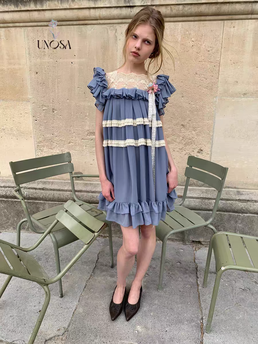 UNOSA. Original Design Chiffon Patchwork Lace Ruched Ruffle Dress