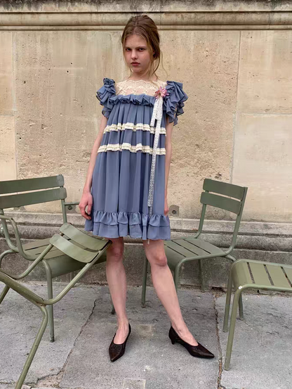 UNOSA. Original Design Chiffon Patchwork Lace Ruched Ruffle Dress