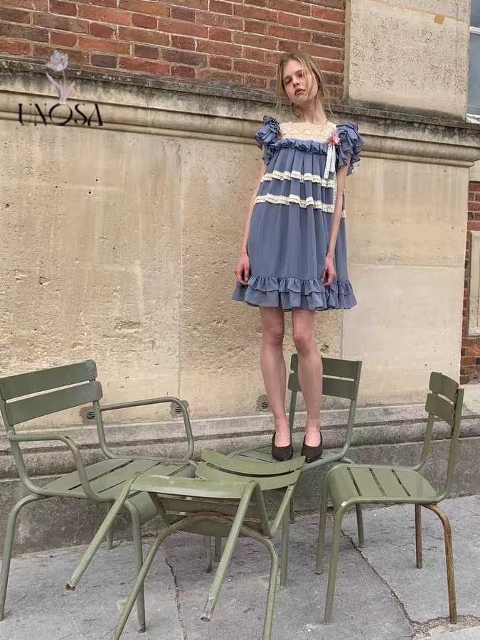 UNOSA. Original Design Chiffon Patchwork Lace Ruched Ruffle Dress