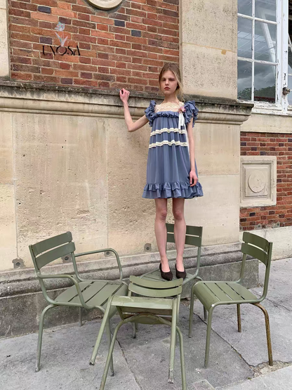 UNOSA. Original Design Chiffon Patchwork Lace Ruched Ruffle Dress