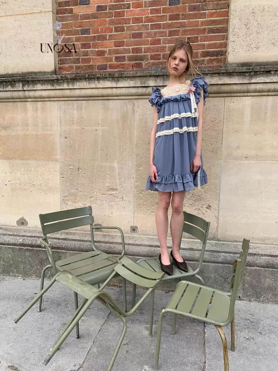 UNOSA. Original Design Chiffon Patchwork Lace Ruched Ruffle Dress