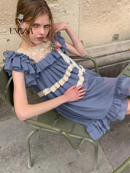 UNOSA. Original Design Chiffon Patchwork Lace Ruched Ruffle Dress