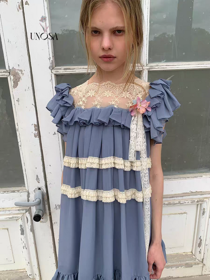 UNOSA. Original Design Chiffon Patchwork Lace Ruched Ruffle Dress