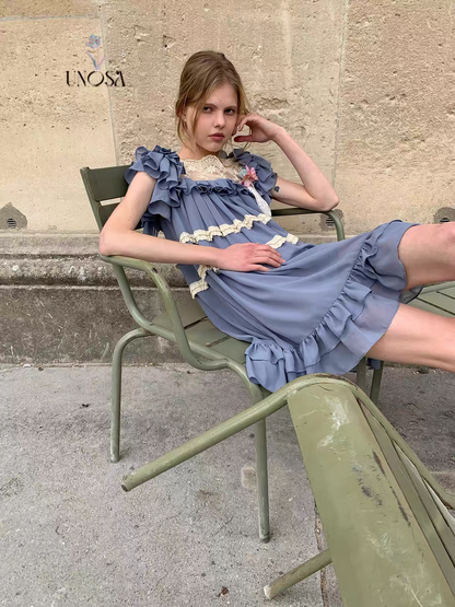 UNOSA. Original Design Chiffon Patchwork Lace Ruched Ruffle Dress