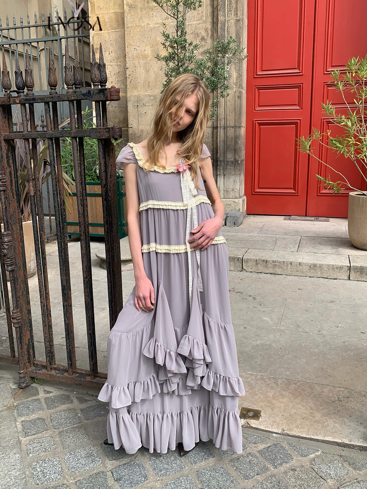 UNOSA. Original Design Panelled Chiffon Maxi Dress with Full Skirt