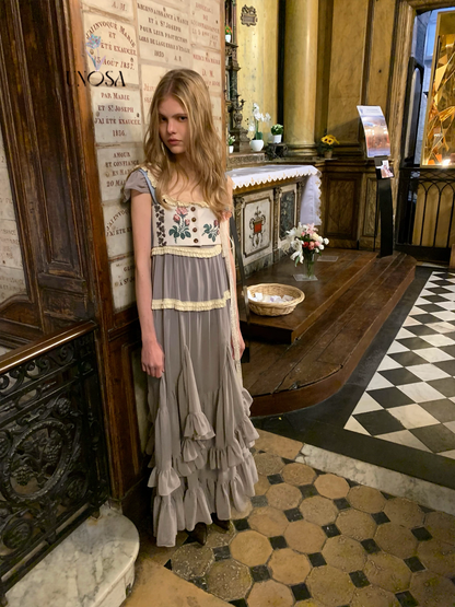 UNOSA. Original Design Panelled Chiffon Maxi Dress with Full Skirt