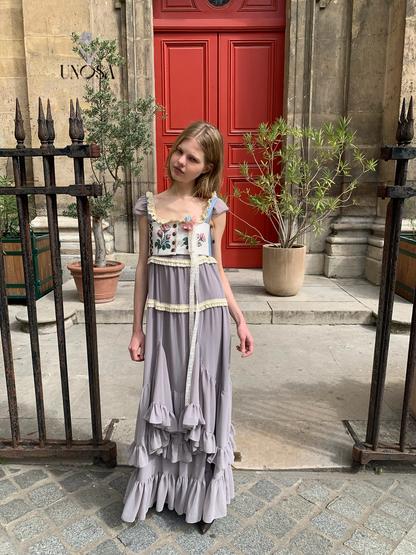 UNOSA. Original Design Panelled Chiffon Maxi Dress with Full Skirt