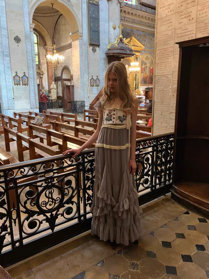 UNOSA. Original Design Panelled Chiffon Maxi Dress with Full Skirt