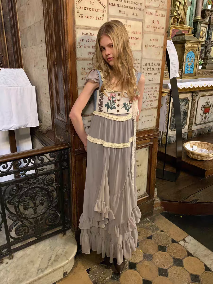 UNOSA. Original Design Panelled Chiffon Maxi Dress with Full Skirt