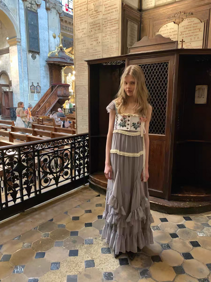 UNOSA. Original Design Panelled Chiffon Maxi Dress with Full Skirt