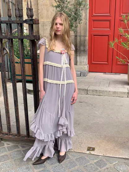UNOSA. Original Design Panelled Chiffon Maxi Dress with Full Skirt
