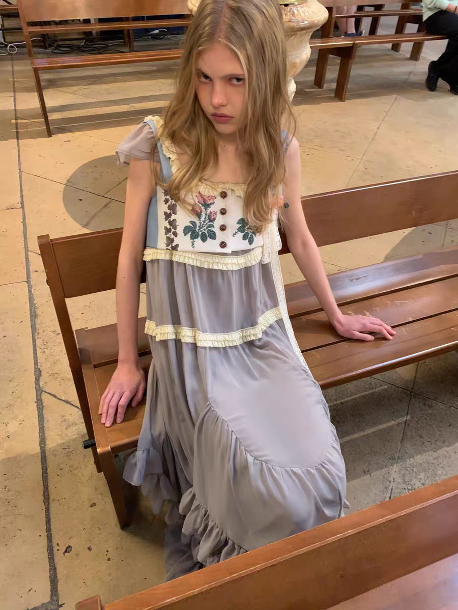 UNOSA. Original Design Panelled Chiffon Maxi Dress with Full Skirt