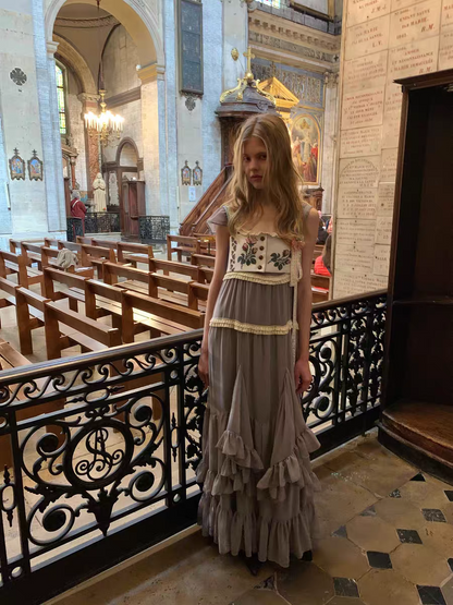 UNOSA. Original Design Panelled Chiffon Maxi Dress with Full Skirt