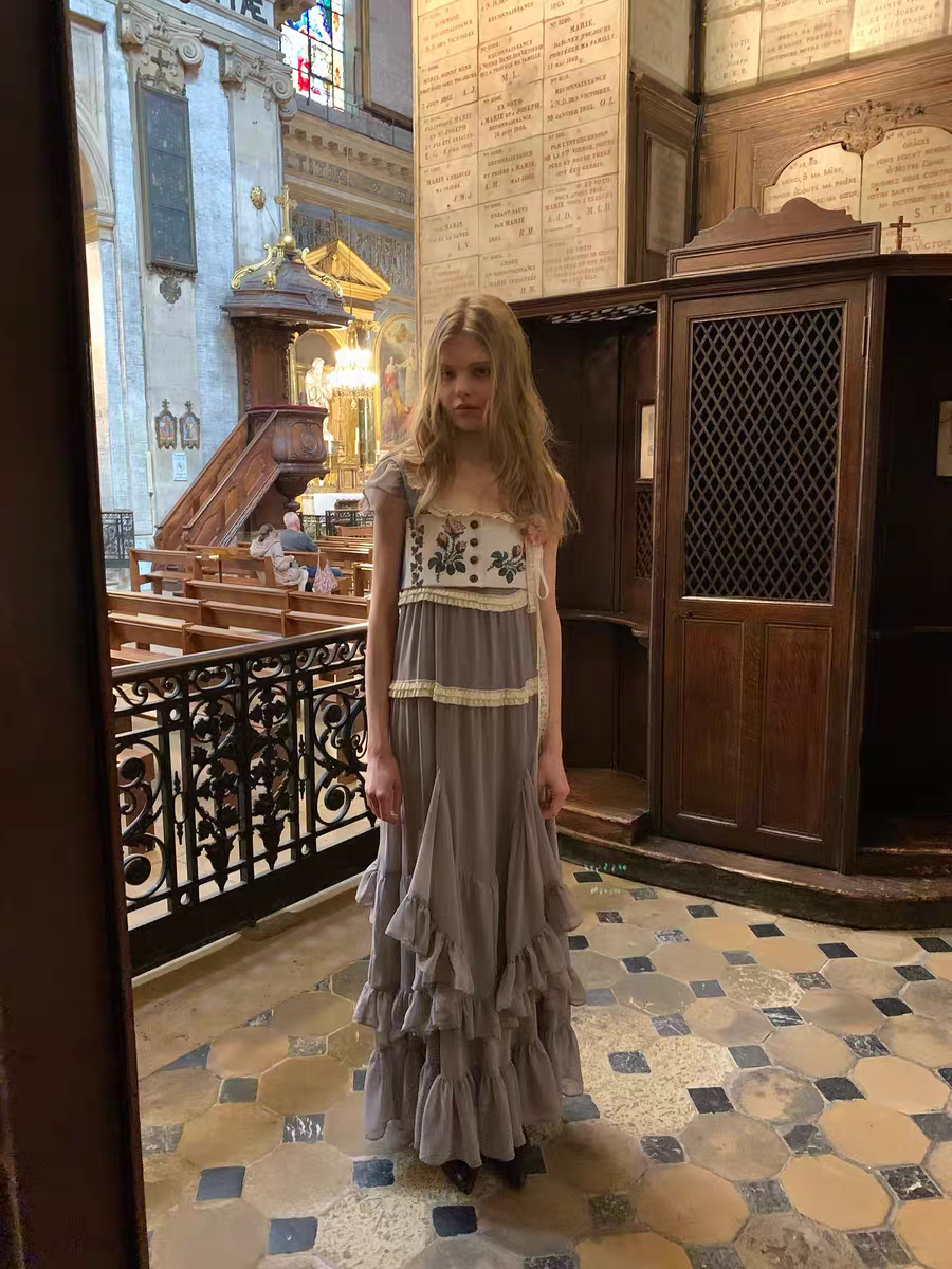 UNOSA. Original Design Panelled Chiffon Maxi Dress with Full Skirt