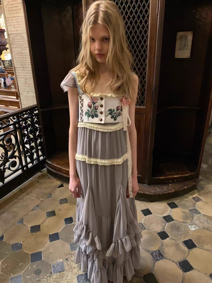 UNOSA. Original Design Panelled Chiffon Maxi Dress with Full Skirt