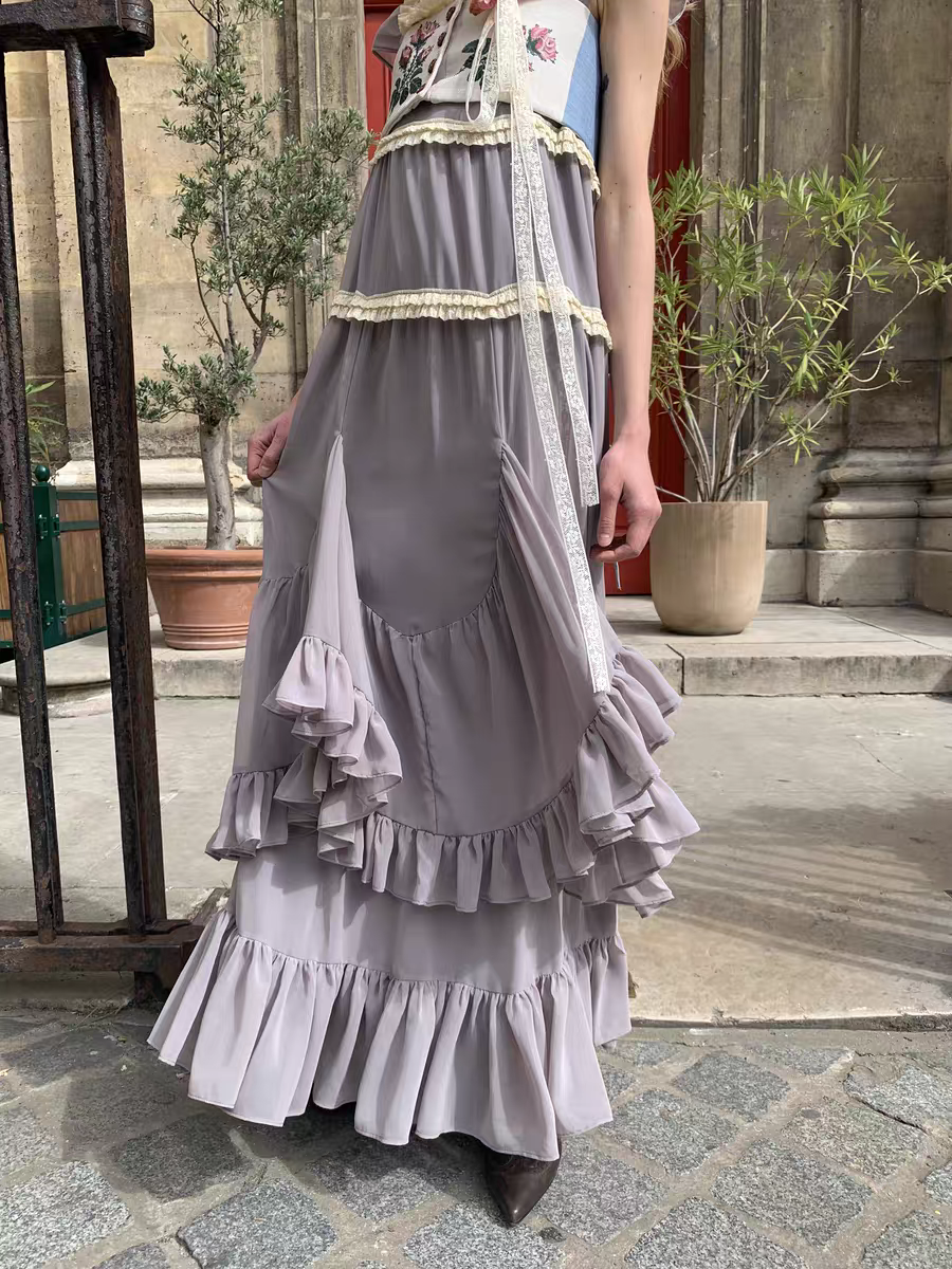 UNOSA. Original Design Panelled Chiffon Maxi Dress with Full Skirt