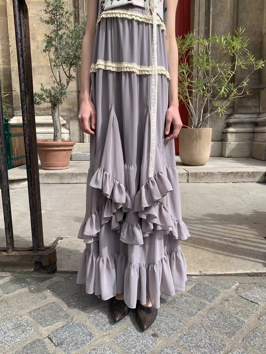 UNOSA. Original Design Panelled Chiffon Maxi Dress with Full Skirt