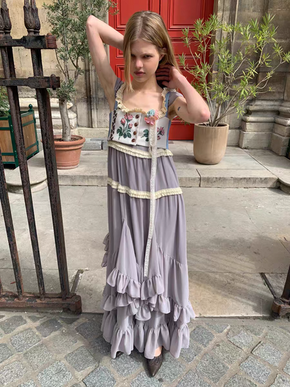 UNOSA. Original Design Panelled Chiffon Maxi Dress with Full Skirt
