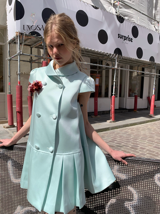 UNOSA. Original Design Satin Double-Breasted Pleated Short Sleeve Dress