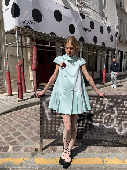 UNOSA. Original Design Satin Double-Breasted Pleated Short Sleeve Dress
