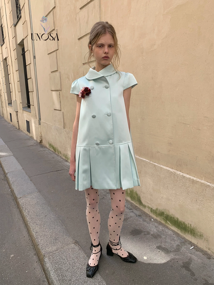 UNOSA. Original Design Satin Double-Breasted Pleated Short Sleeve Dress
