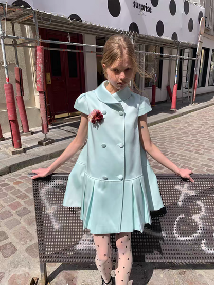 UNOSA. Original Design Satin Double-Breasted Pleated Short Sleeve Dress