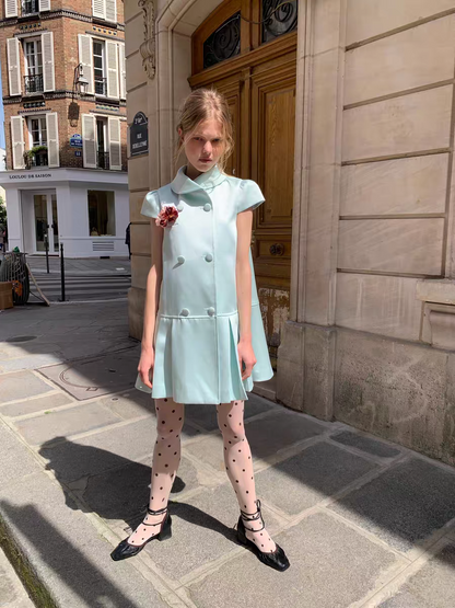 UNOSA. Original Design Satin Double-Breasted Pleated Short Sleeve Dress