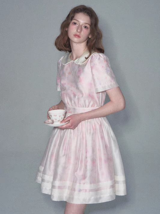 Romance Nanci. Original Design Rose Oil Painting Puff Dress with Peter Pan Collar