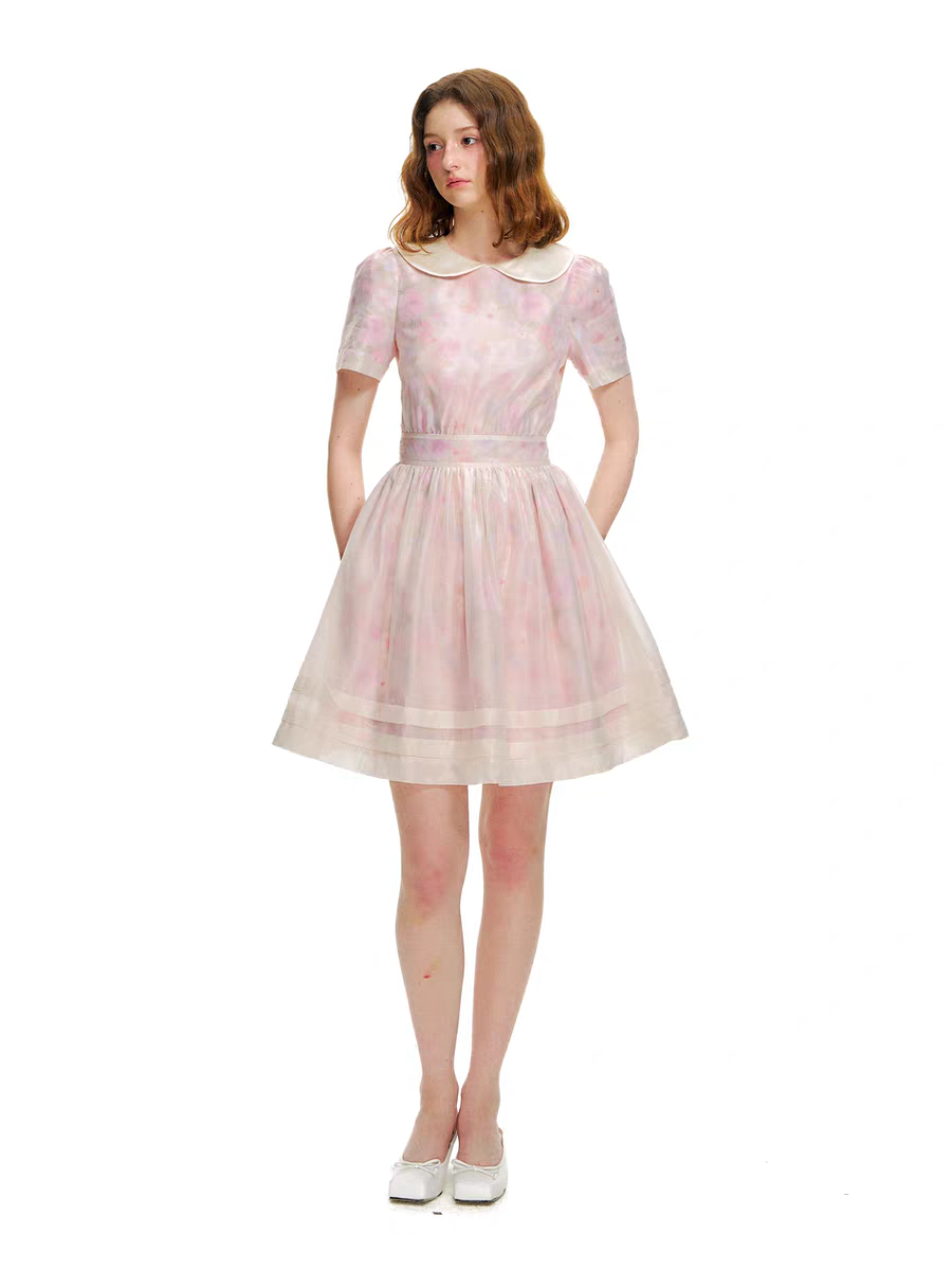 Romance Nanci. Original Design Rose Oil Painting Puff Dress with Peter Pan Collar