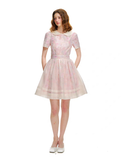 Romance Nanci. Original Design Rose Oil Painting Puff Dress with Peter Pan Collar
