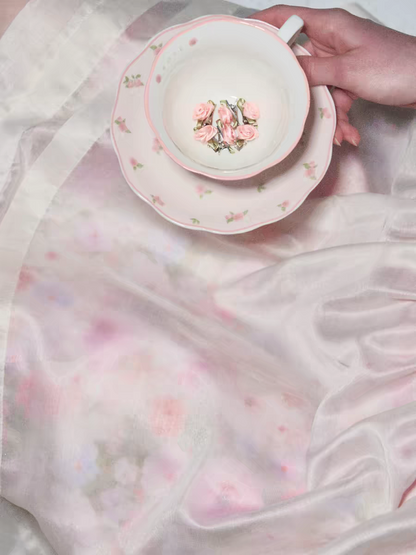 Romance Nanci. Original Design Rose Oil Painting Puff Dress with Peter Pan Collar