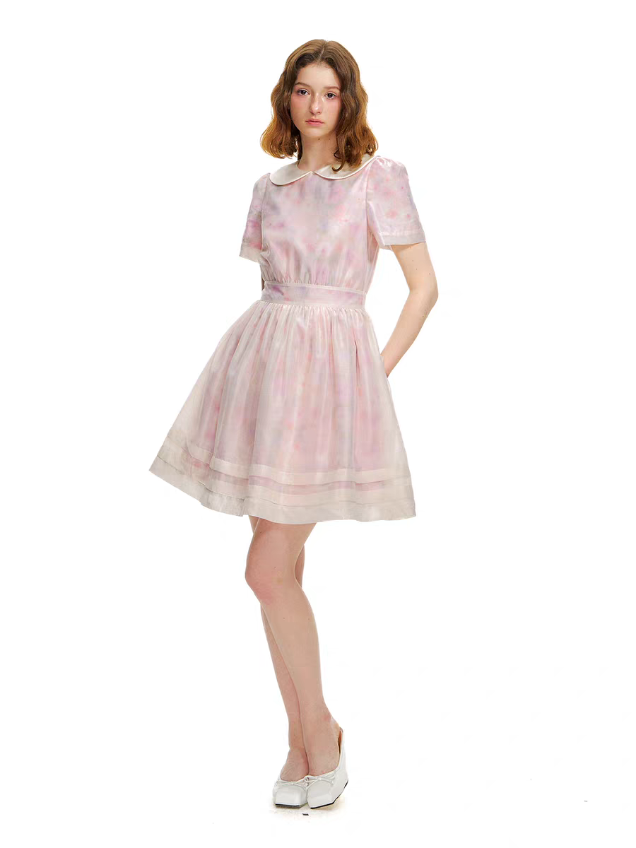 Romance Nanci. Original Design Rose Oil Painting Puff Dress with Peter Pan Collar