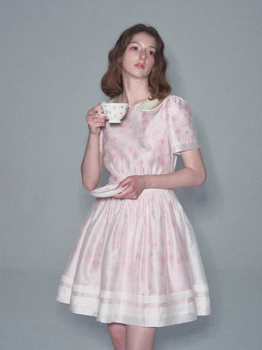 Romance Nanci. Original Design Rose Oil Painting Puff Dress with Peter Pan Collar