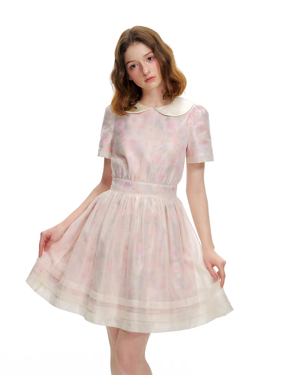 Romance Nanci. Original Design Rose Oil Painting Puff Dress with Peter Pan Collar