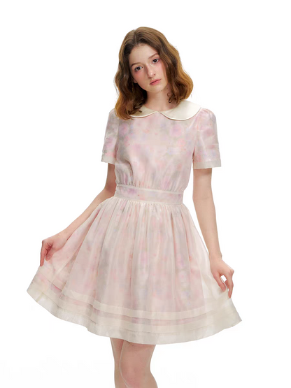 Romance Nanci. Original Design Rose Oil Painting Puff Dress with Peter Pan Collar
