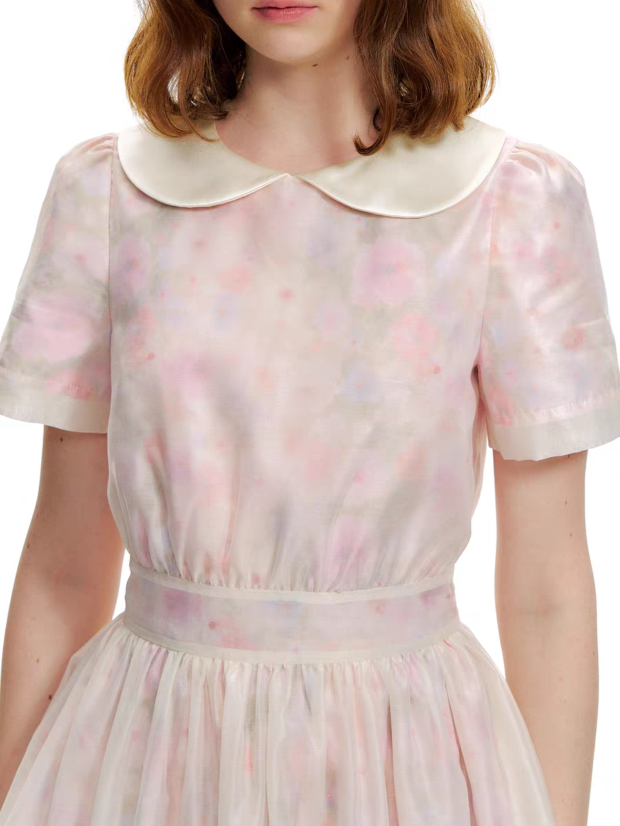 Romance Nanci. Original Design Rose Oil Painting Puff Dress with Peter Pan Collar