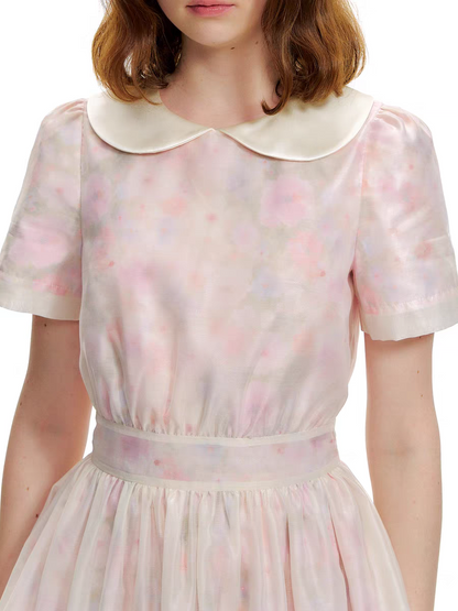 Romance Nanci. Original Design Rose Oil Painting Puff Dress with Peter Pan Collar