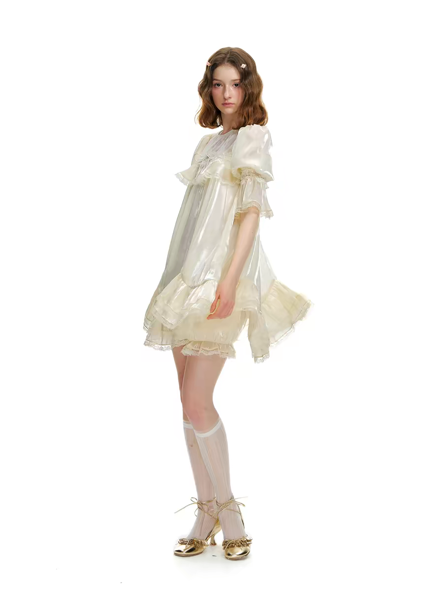Romance Nanci. Original Design Shimmer Lace Puff Sleeve Dress